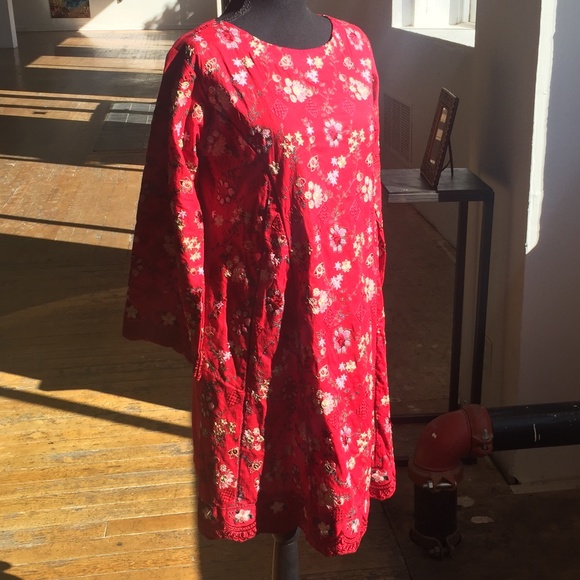 Embroidered Rich Red Floral Long Sleeve dress - Picture 2 of 6